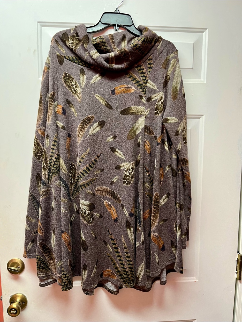 Cozy Feather Print Cowl Neck Sweater - Taupe